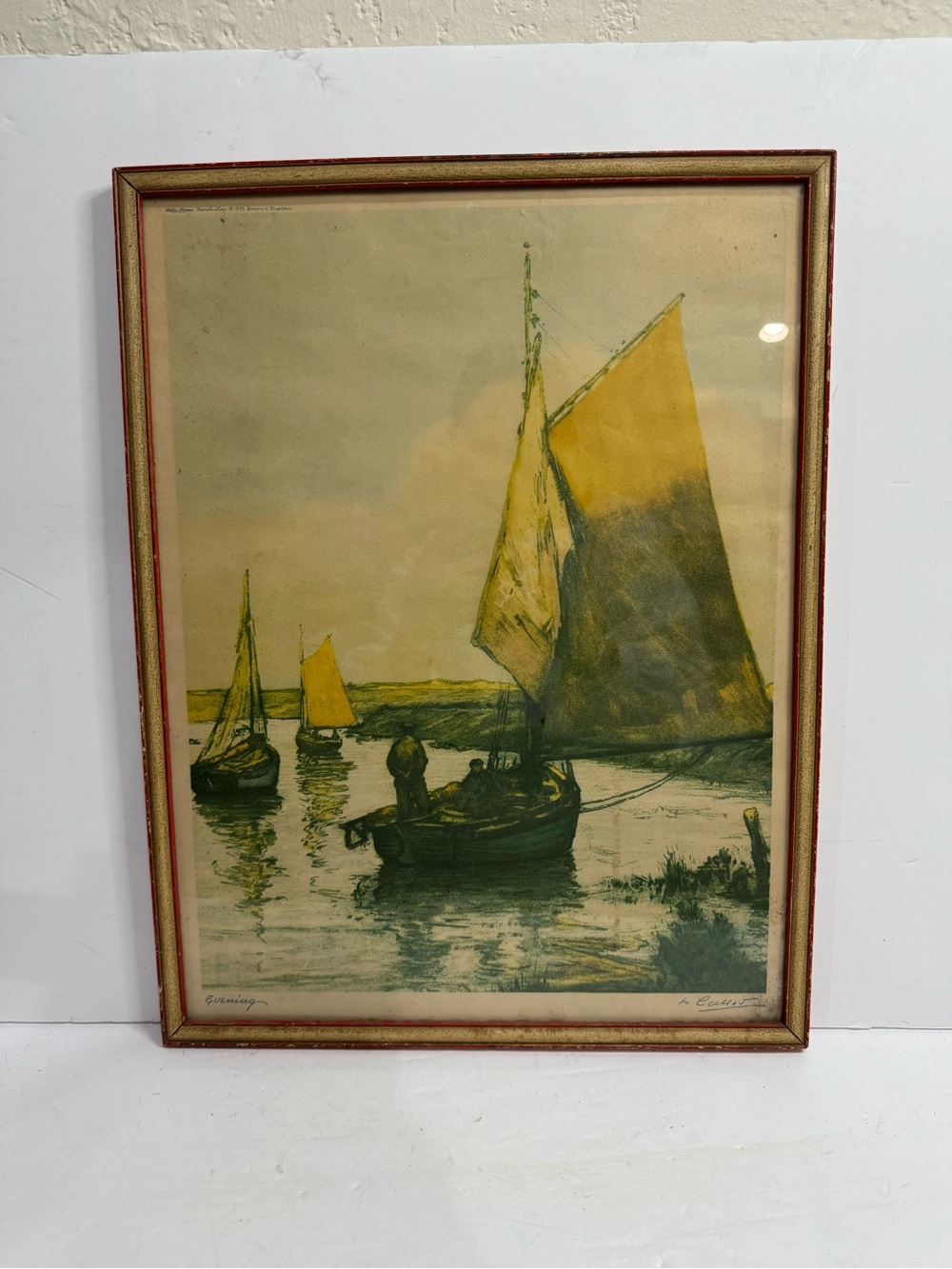 Vintage 1935 Brown & Bigelow "Evening" Talio-Crome Sailboat Art Print